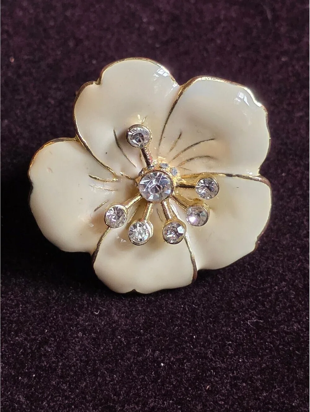 Vintage Cream Enamel Floral Rhinestone Stretch Ring